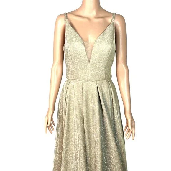Metallic Gold Evening Gown By B. Smart With Plunging Back V-Neckline Adjustable - Picture 3 of 9